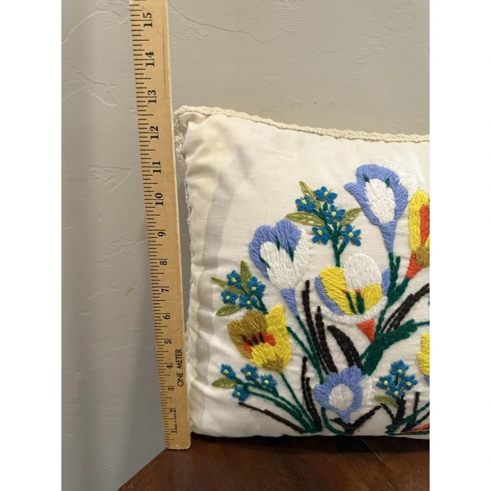 Vintage Hand-Embroidered Floral Throw Pillow with Crochet Trim 13